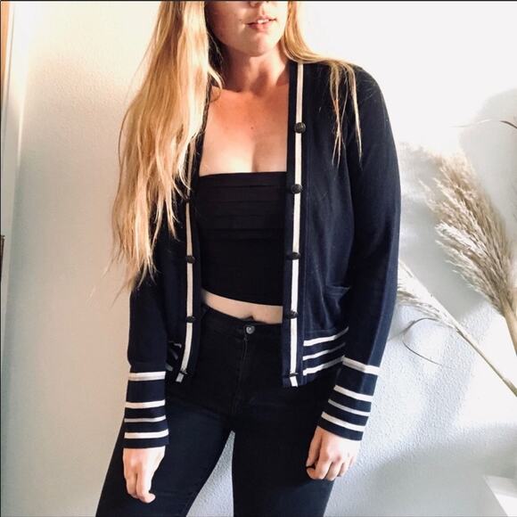 UO Silence Noise Navy Blue White Stripe School Girl Open Cardigan Sweater L - Picture 2 of 7